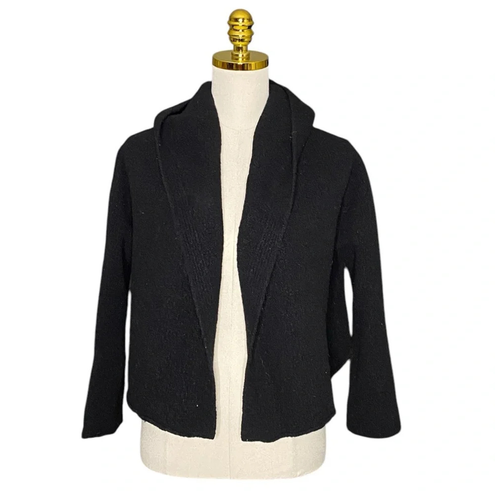 EILEEN FISHER | Black Cozy Wool Open Front Hooded Cropped Jacket Size XL